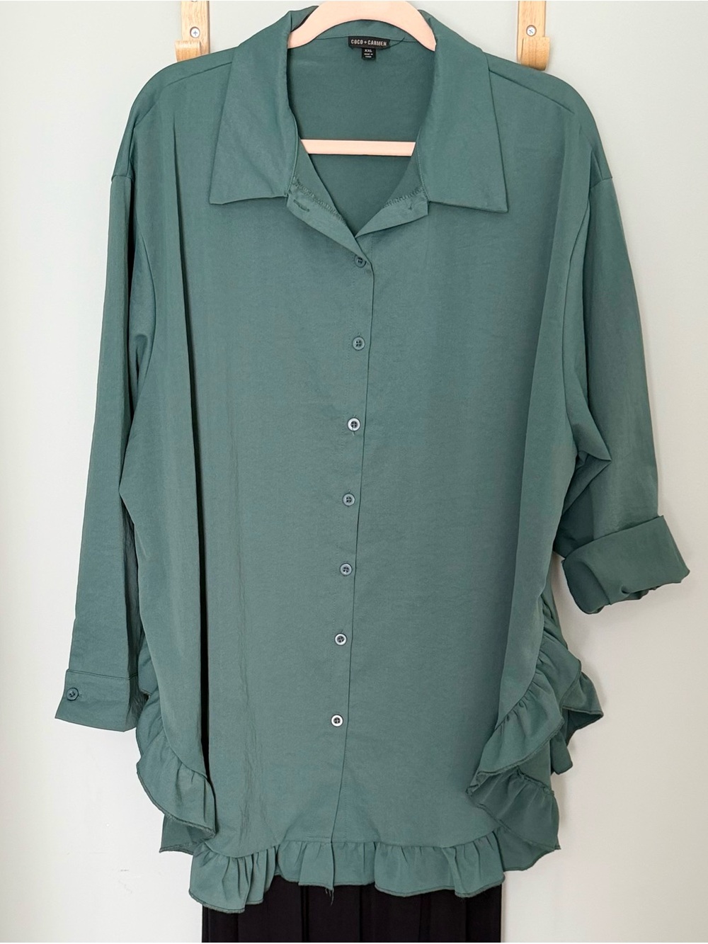 Coco + Carmen Teal Spruce Green Ruffle Hem Button-Down Shirt